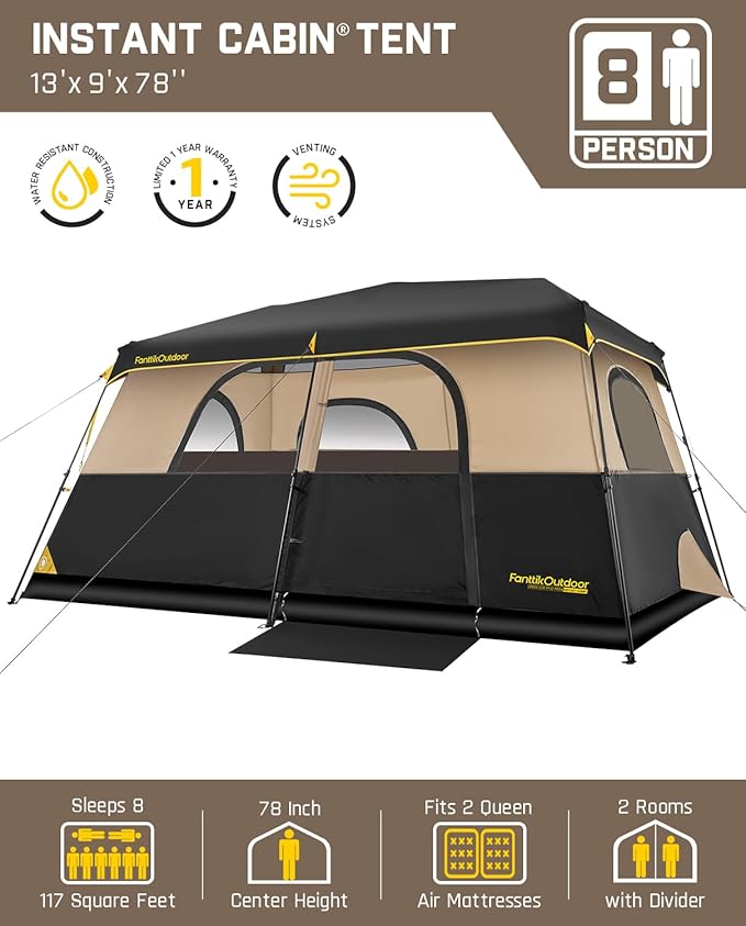 FanttikOutdoor Instant Cabin Tent 6/8/10/12 Person Camping Tent Setup in 60 Seconds with Rainfly & Windproof Portable with Carry Bag for Family Camping & Hiking, Upgraded Ventilation, Khaki
