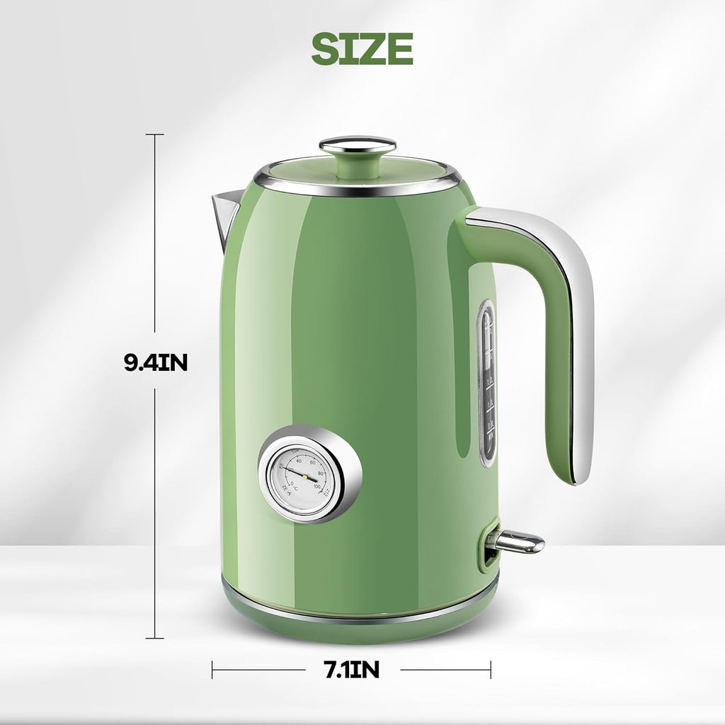 Pukomc Electric Kettle,1.7L Stainless Steel Electric tea kettle with Temperature Gauge, Fast Boiling, Auto Shut - off, BPA - Free, Boil - Dry Protection, (Retro Green)