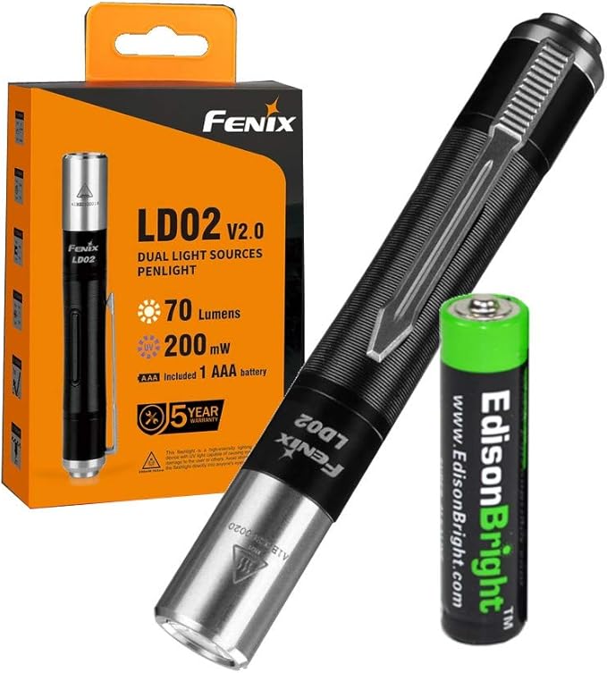 Fenix LD02 V2.0 70 lumen neutral white/UV pen-type LED flashlight bundle with AAA EdisonBright battery
