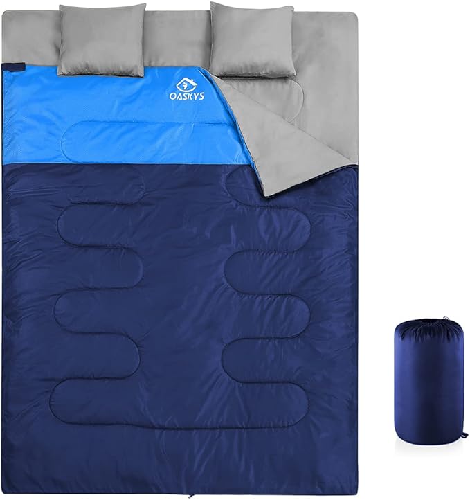 oaskys Double Sleeping Bag for Adults with 2 Pillows - Queen Size XL Waterproof Sleeping Bag for All Season Camping Hiking Backpacking 2 Person Sleeping Bags for Cold Weather & Warm