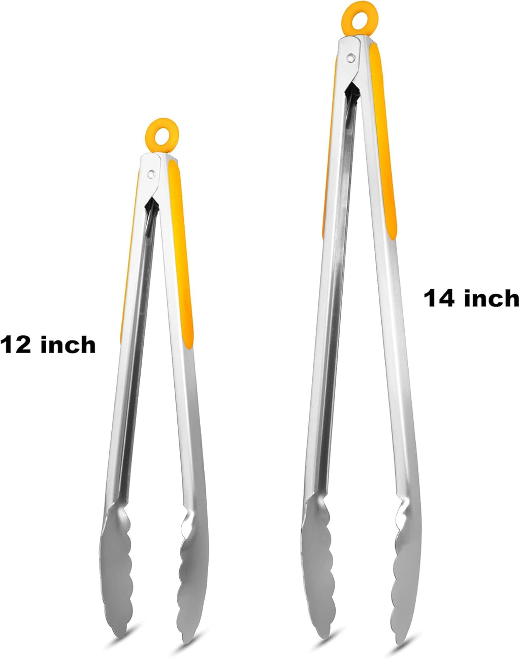 304 Stainless Steel Kitchen Cooking Tongs, 12" and 14" Set of 2 Sturdy Grilling Barbeque Brushed Locking Food Tongs with Ergonomic Grip, Orange