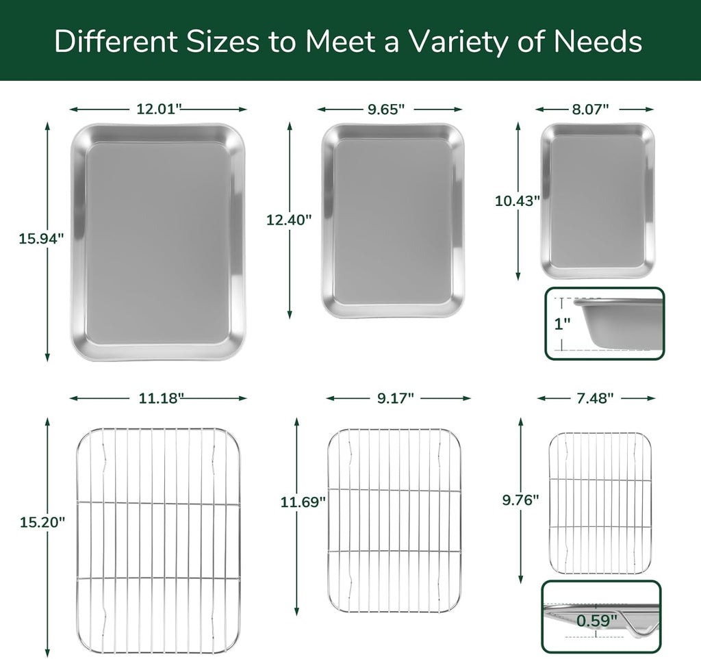 18/0 Stainless Steel Baking Sheet with Cooling Rack, Oven-Safe Non-Toxic Cookie Sheets for Baking, Set of 6, Coating Free & Rust Resistant for Healthy Family Baking, Easy to Clean, Heavy-Duty