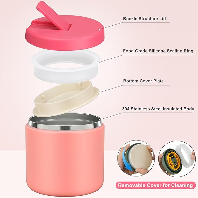 17 OZ Soup Thermo for Hot Food Insulated Vacuum Food Jar with Buckle Lid, Stainless Steel Wide Mouth Leak Proof Lunch Container for School Travel Pink