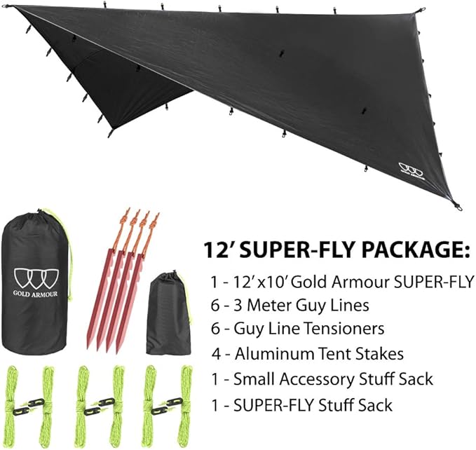 Gold Armour Rainfly Tarp Hammock, Premium 14.7ft/12ft/10ft/8ft Rain Fly Cover, Waterproof Ultralight Camping Shelter Canopy, Survival Equipment Gear Camping Tent Accessories (Black 12ft x 10ft)
