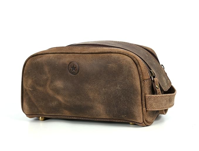 10" Premium Leather Toiletry Travel Pouch With Waterproof Lining | King-Size Handcrafted Vintage Dopp - Kit ~ Gift for Father's Day By Aaron Leather Goods (Brown)