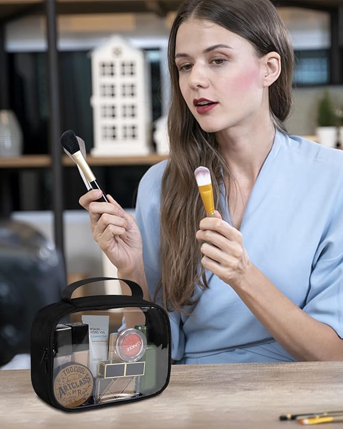 Moyad TSA Approved Clear Toiletry Bag with Handle, 2 Pack Quart Size 3-1-1 Liquids Pouch for Travel, Transparent Makeup & Cosmetic Organizer for Women Men, Black