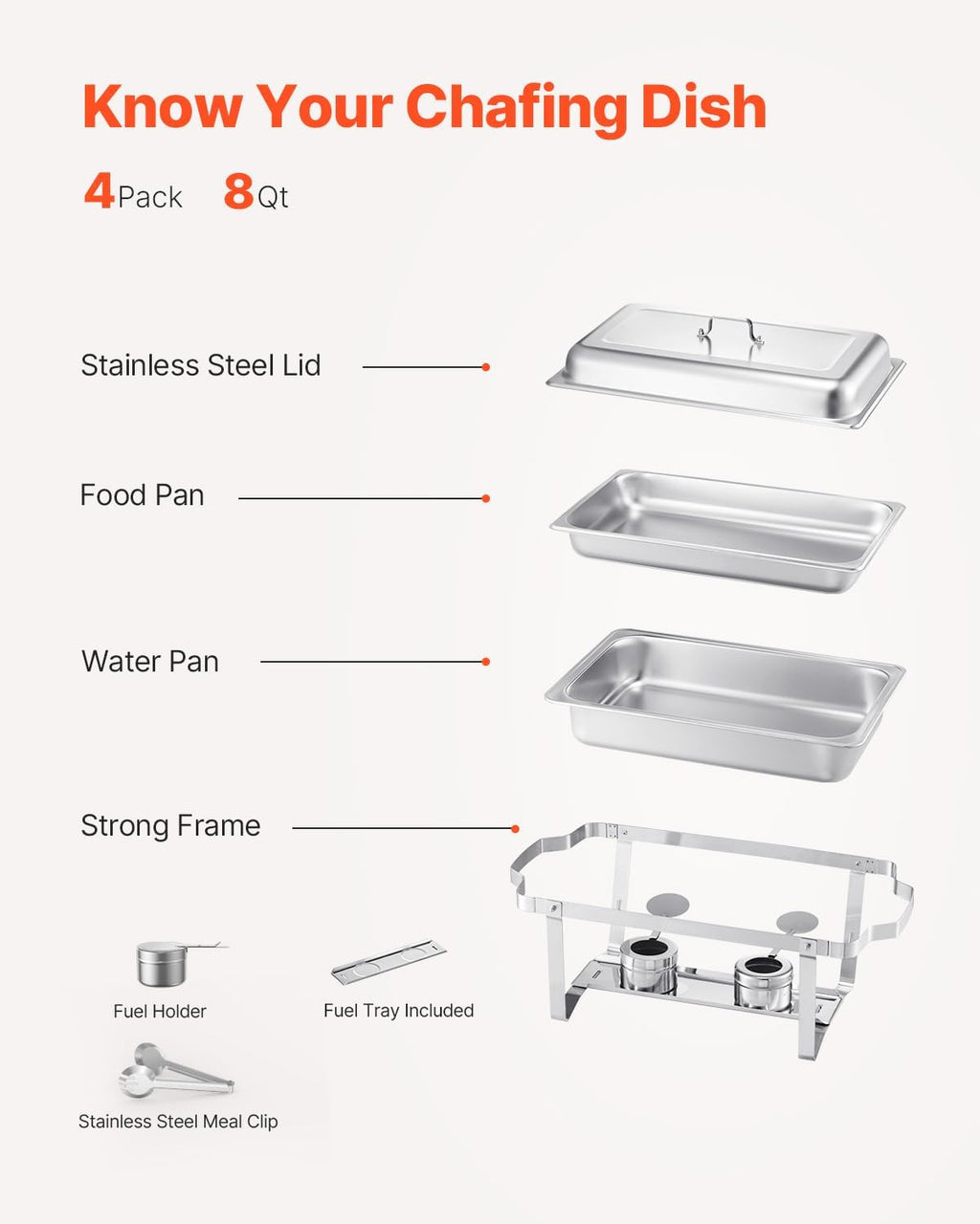 VEVOR Chafing Dish Buffet Set, 8 Qt 4 Pack, Stainless Chafer with 4 Full Size Pans, Rectangle Catering Warmer Server with Lid Water Pan Folding Stand Fuel Tray Holder Spoon Clip