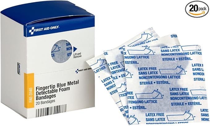 First Aid Only FAE-3140 SmartCompliance Refill Blue Metal Detectable Foam Fingertip Bandages, First Aid Kit Refill Supplies for Business, Food Service, Restaurants, Worksites, and Home, 20 Count