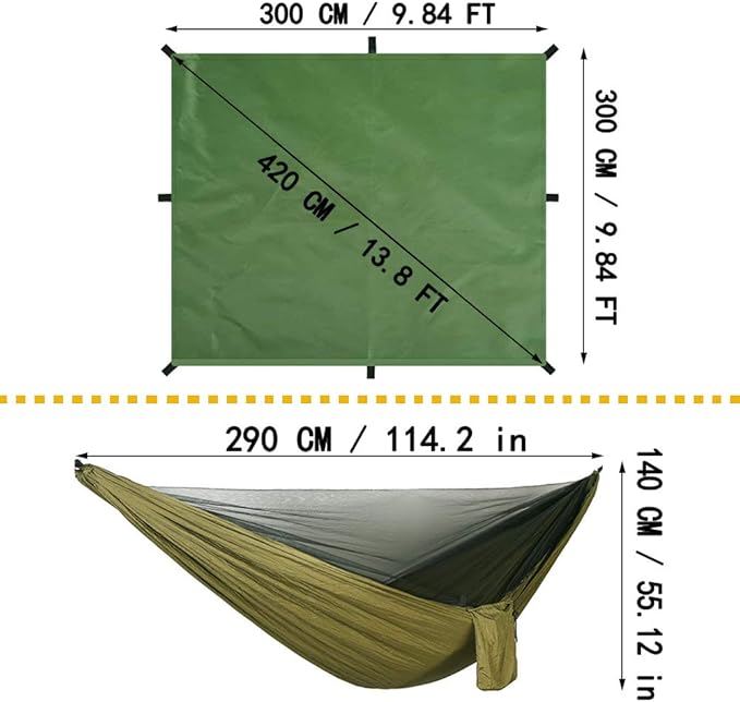 Oversized rain Tarpaulin,Camping Hammock with Mosquito Net Rain Fly Heavy Duty Tree Strap,Single Double Hammock Tent Waterproof Rainfly Set,Camping Backpacking Backyard Patio Hiking Travel Outdoor