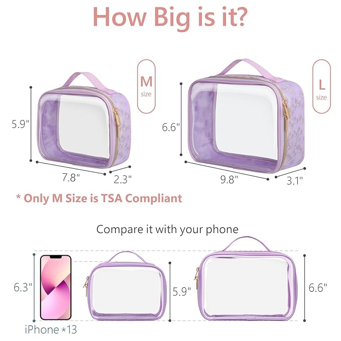 PACKISM Floral Texture Lace TSA Approved Toiletry Bag - 180° Opening Clear Makeup Bags in 2 Size, Clear Toiletry Bags with Handle, 0.5 mm Thick Non-deformable No Smell, Purple