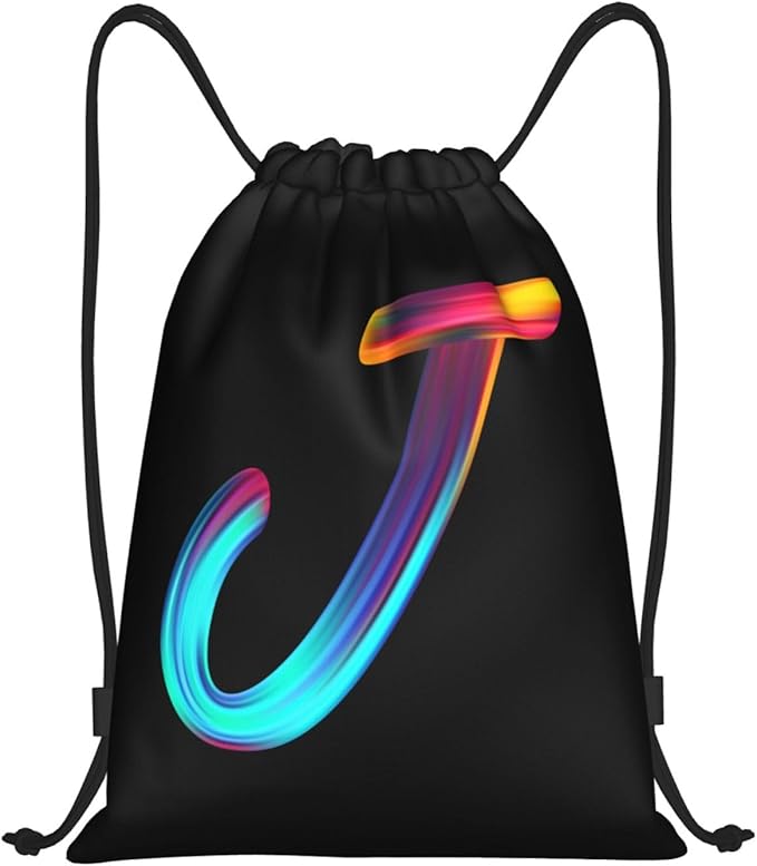 Drawstring Bags Initial Drawstring Backpack Sackpack Black Draw String Cinch Bags for Sports, Gym, Travel, Swimming, Beach, Camping, Rainbow Letter J