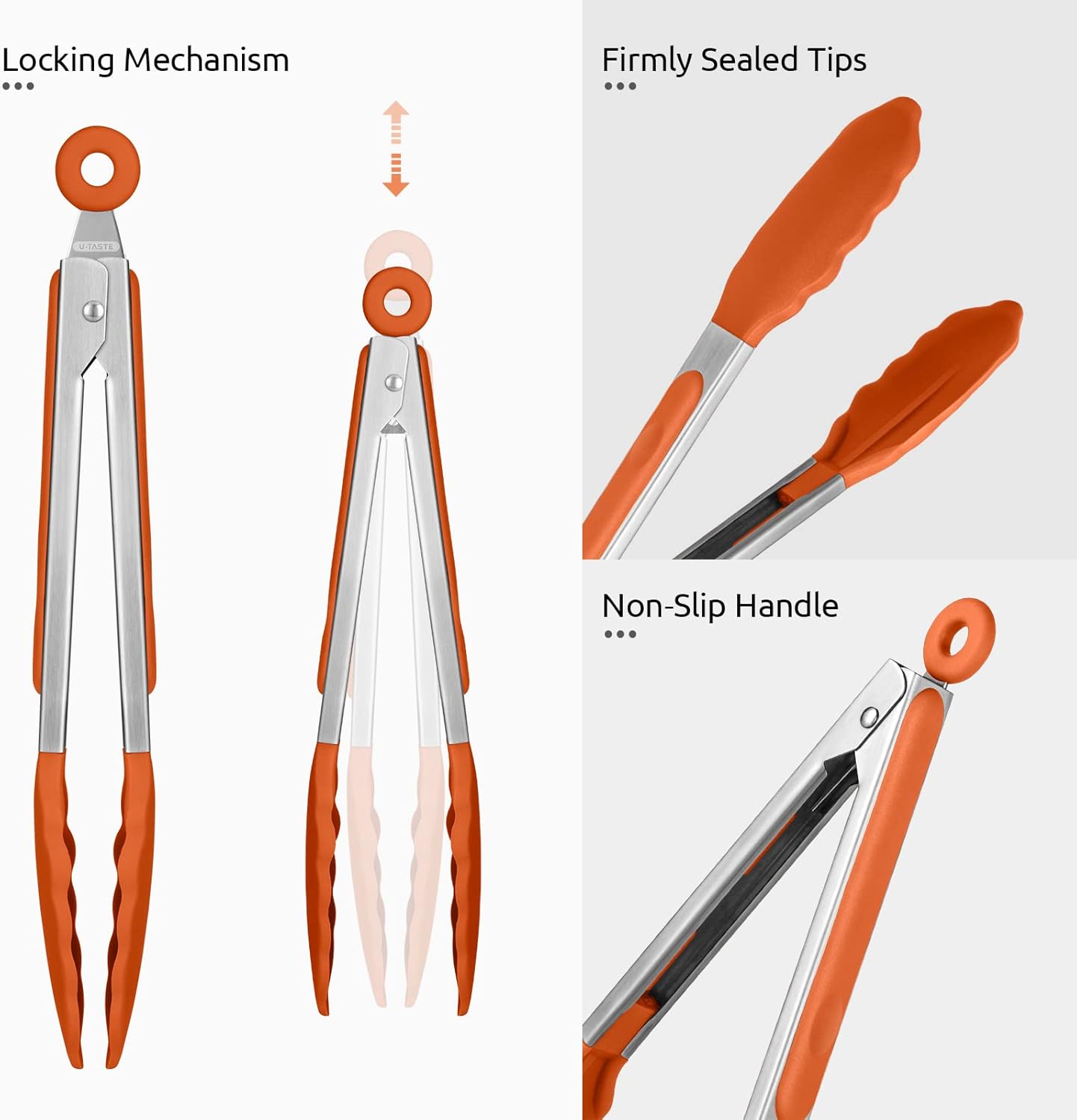 Heat Resistant Silicone Kitchen Tong: U-Taste 9 inch 480ºF Hot Proof Cooking Tong with Firm Sealed Non Stick Rubber Tips & Silicon Coated Steel Handle & Smooth Locking for Serving Grill Salad (Orange)