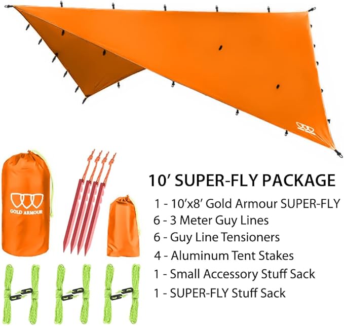 Gold Armour Rainfly Tarp Hammock, Premium 14.7ft/12ft/10ft/8ft Rain Fly Cover, Waterproof Ultralight Camping Shelter Canopy, Survival Equipment Gear Camping Tent Accessories (Orange 10ft x 8ft)