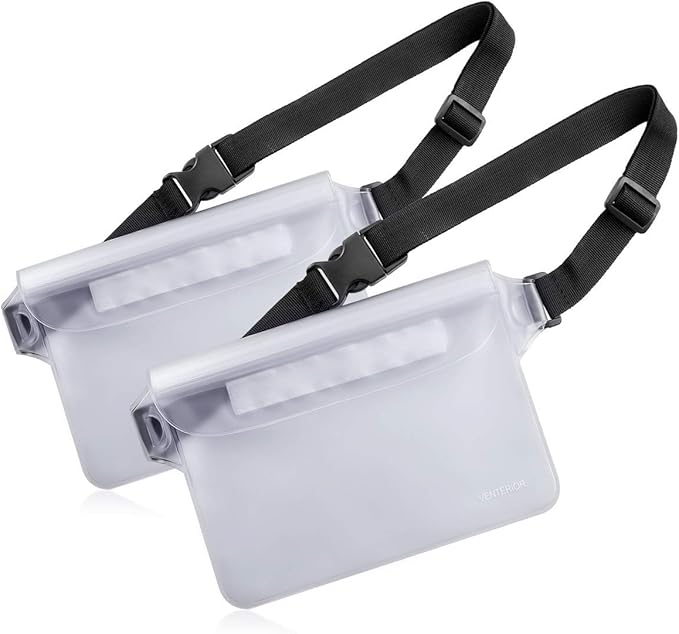 Waterproof Waist Pouch 2-Pack | Beach Accessories Fanny Pack for Swimming Snorkeling Sailing Kayaking Beach Pool Water Parks | Keep Your Phone Wallet Safe and Dry (White & Black)