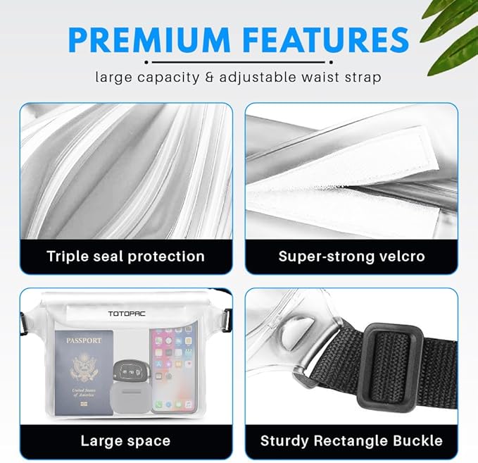 2-Pack Waterproof Fanny Pack, Phone Pouch with Waist Strap, 9x6.7 Inch Dry Bag for Phone, Cash, and Valuables – for Swimming, Kayaking, Boating, Snorkeling, and Water Sports (2, Grey + White)