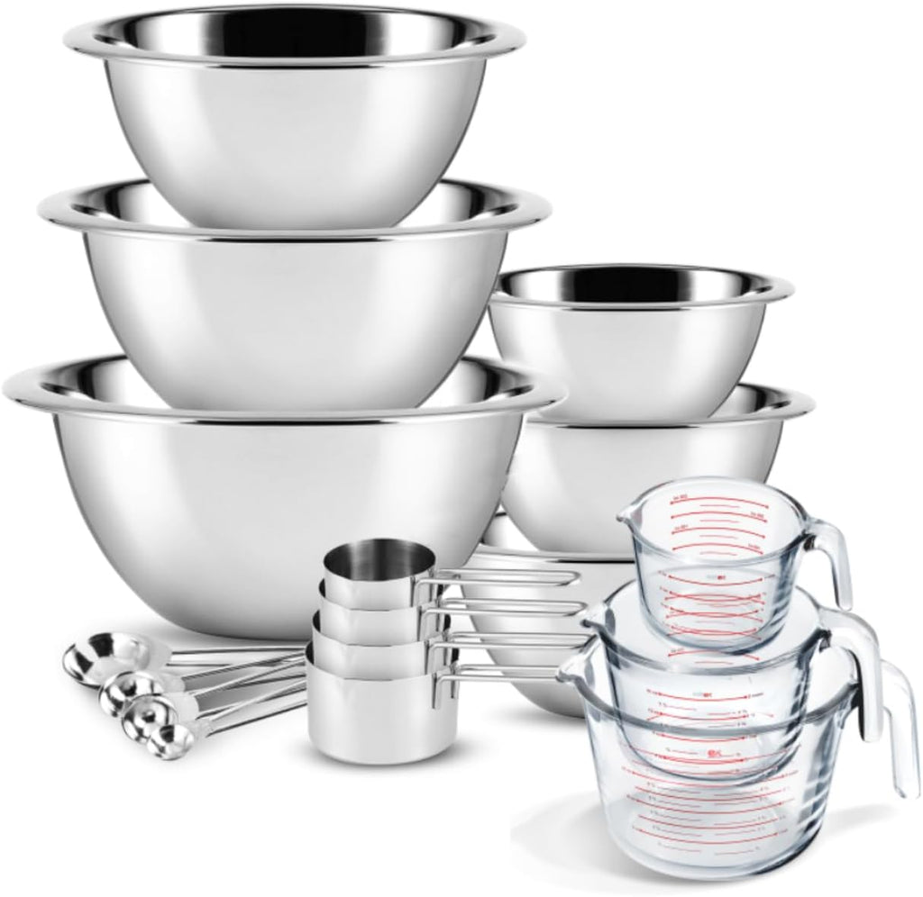 Eatex Mixing Bowls with Measuring Cups & Measuring Spoons 17 Piece Set - Nesting Stainless Steel Mixing Bowls Set for Kitchen, Measuring Spoons & Glass Liquid Measuring Cups, Dishwasher Safe Meal Prep