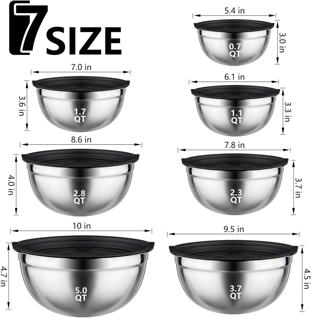 Mixing Bowls with Lids set - 25 PCS Stainless Steel Nesting Black Mixing Bowls Set for Baking, Mixing, Serving & Prepping, Size 5, 3.7, 2.8, 2.3, 1.7, 1.1, 0.7QT, 11 Cooking Utensils