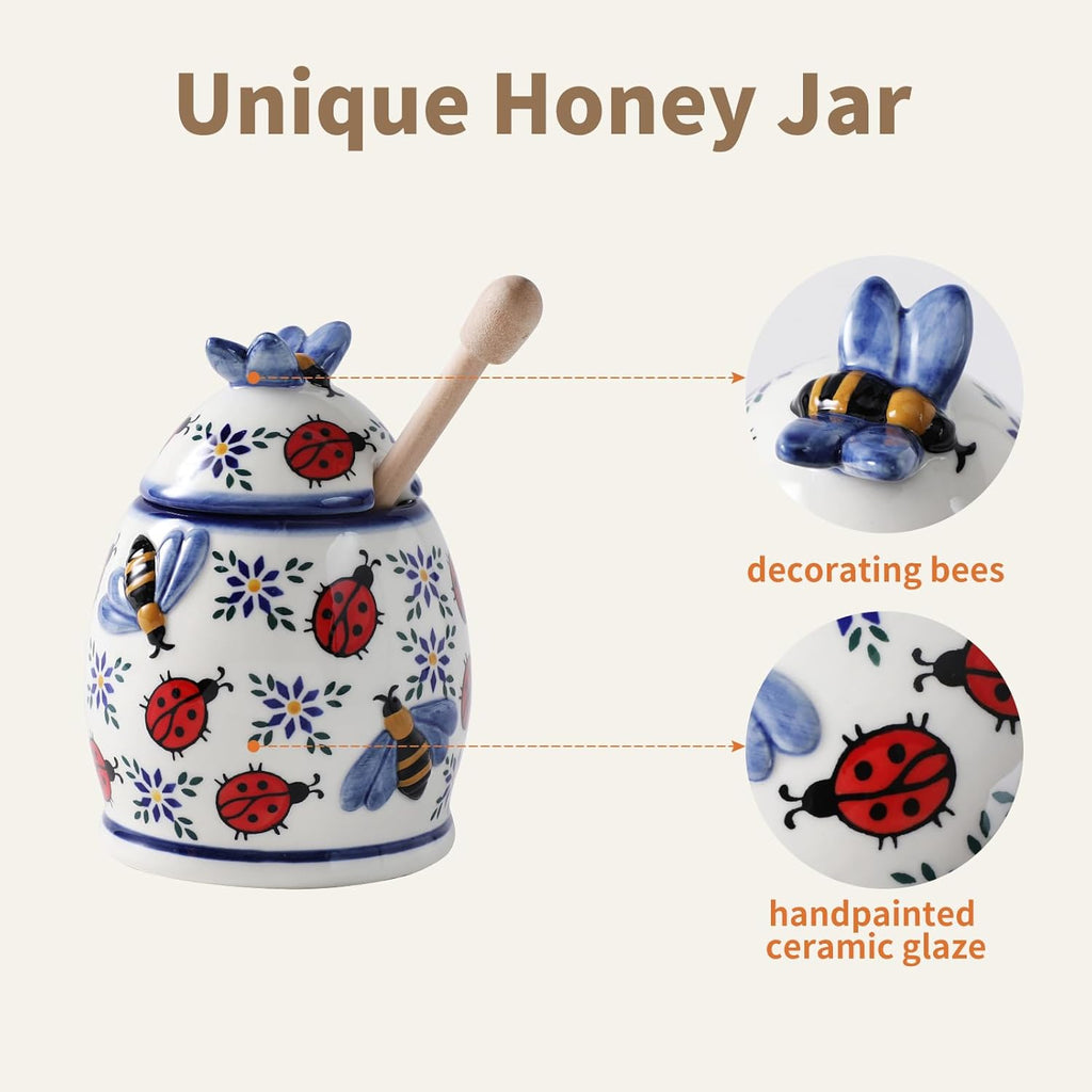 ZOOBEE Ceramic Honey Jar with Dipper and Lid,10oz Honey Pot with Embossed Bees, Handpainted Honey Container for Home Kitchen Decor, Dishwasher Safe- Summernight Ladybug