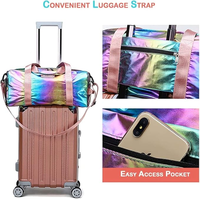 Gym Duffel Bag Women Overnight Medium Lightweight Foldable Weekender Travel Luggage Sport Athletic Water-Proof Dry Wet Shoe Compartment for Girls Kids, Rainbow, onesize