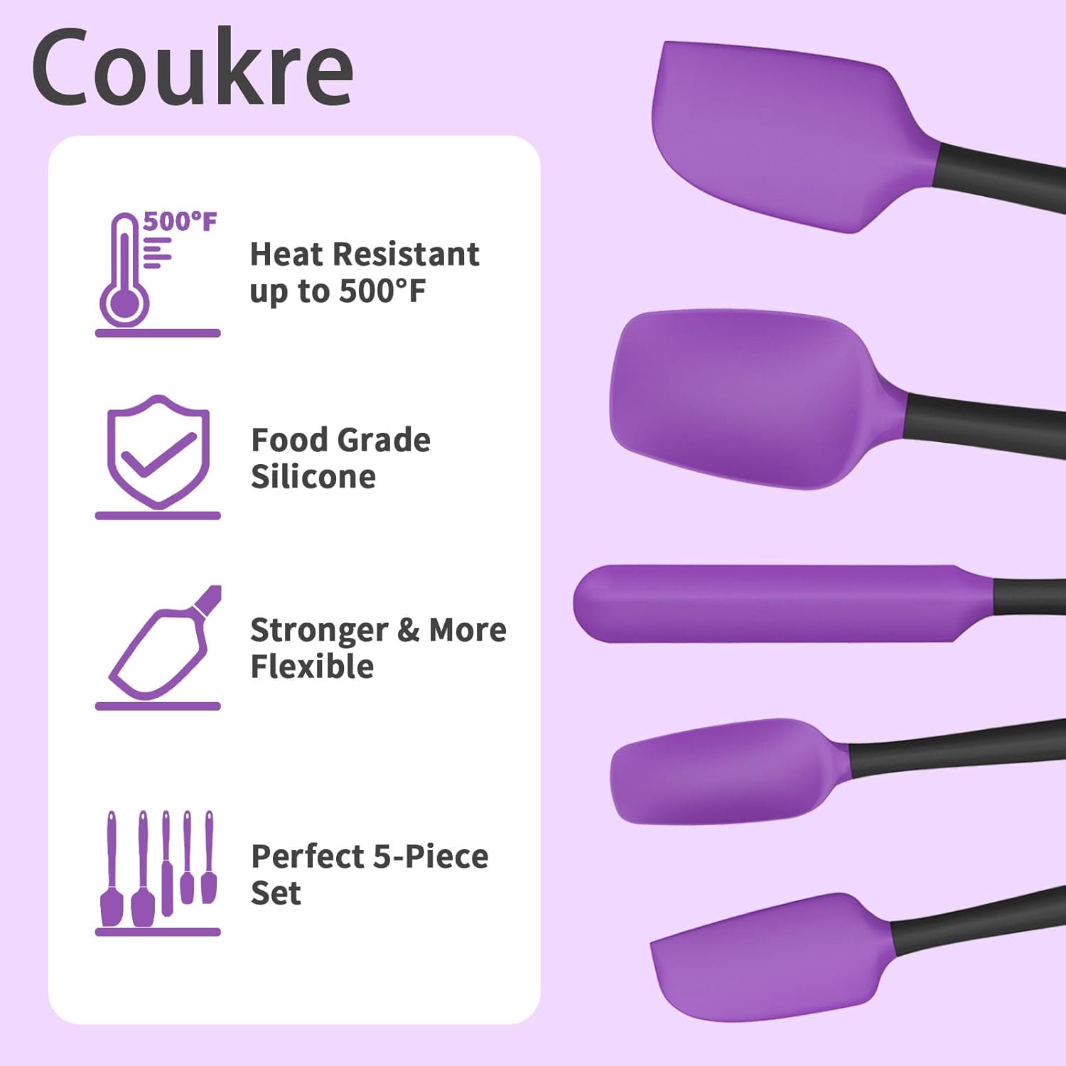 Coukre Silicone Spatula Set of 5,High Temperature Resistant, Food Grade Silicone, Dishwasher Safe, for Baking, Cooking (Purple)