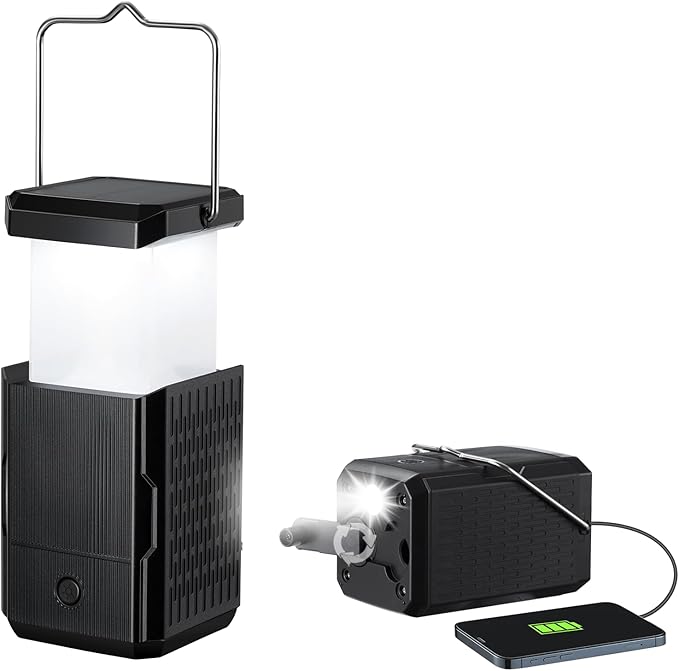 2 Pack Camping Lantern Rechargeable, Hand Crank & Solar Camping Lights with USB Output, Tent Lights for Camping, Portable Camp Lamp, Camping Hurricane Home Power Failure Essentials (Black, 2 Pack)