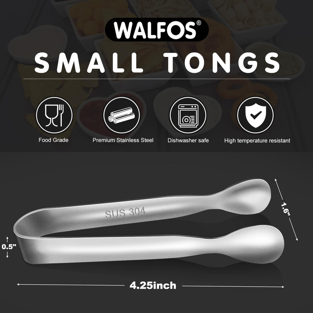 Walfos Mini Tongs for Serving Food, Small Stainless Steel Kitchen Tongs for Appetizers, Sugar, Desserts, Tea Party, Coffee Bar, Set of 12 (Silver)