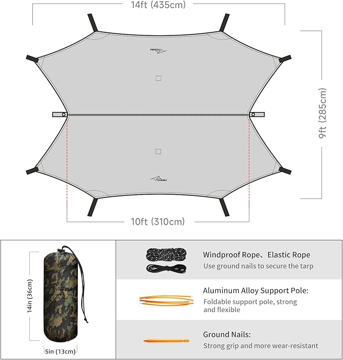 Ultralight Tarp, 14ft Hammock Rain Fly Lightweight Waterproof Camping Tent Tarp with Doors, Bushcraft Tarp Shelter for Backpacking Hiking Camping