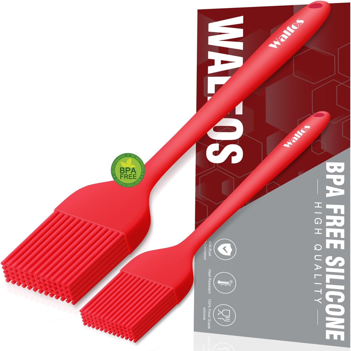 Walfos Silicone Basting Pastry Brush, Heat Resistant Pastry Brush Set, Strong Steel Core and One-Pieces Design, Perfect for BBQ Grill Baking Kitchen Cooking, BPA Free and Dishwasher safe, 2 Pcs (red)