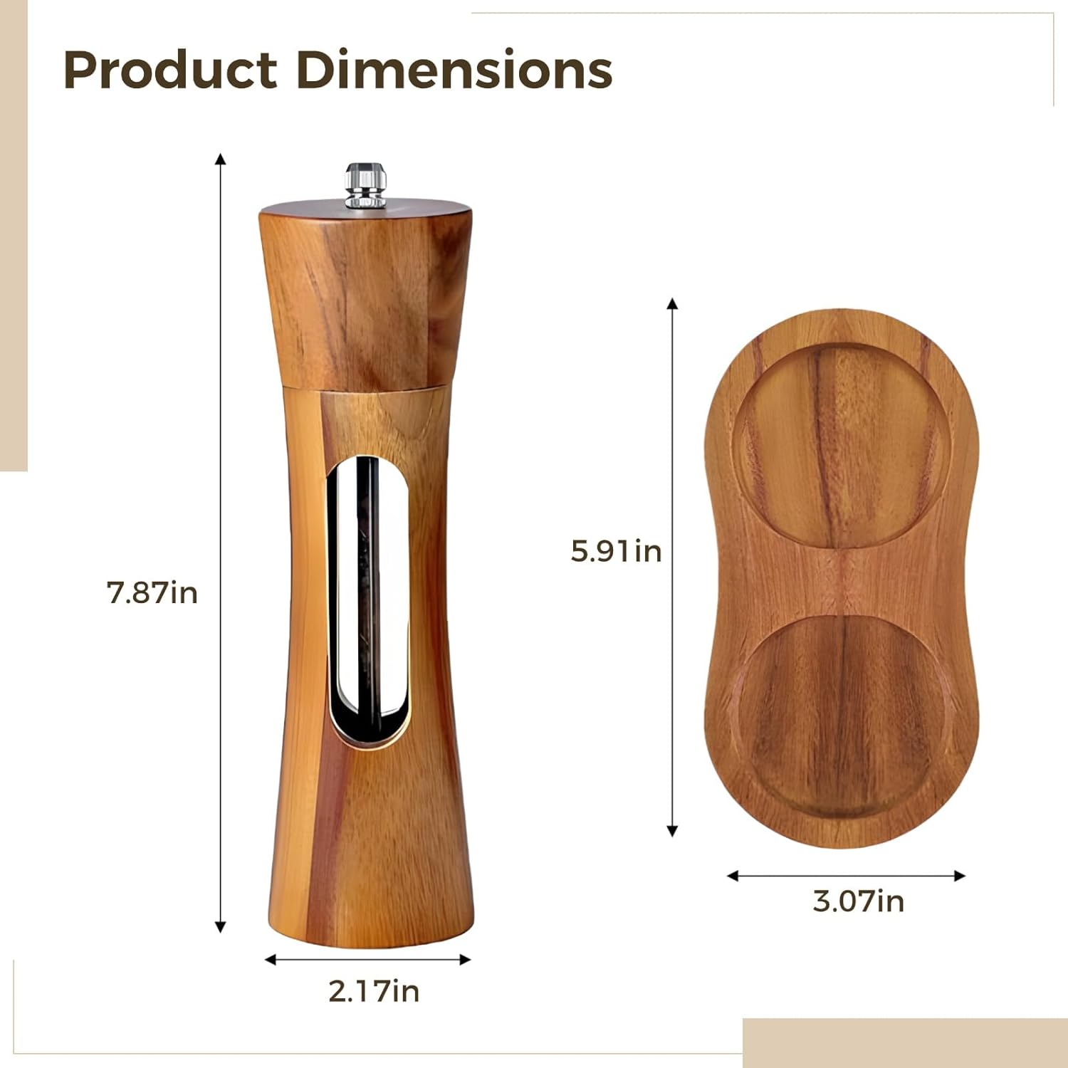 Wooden Pepper and Salt Grinder Set, 2 Pcs Adjustable Ceramic Mills with Wooden Base Includes Transparent Windows, Perfect for Spices and Seasoning