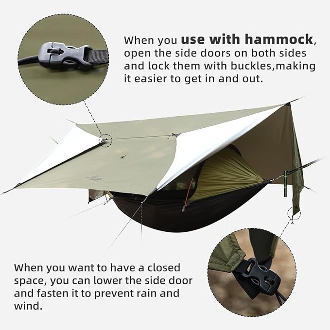Ultralight Tarp, 14ft Hammock Rain Fly Lightweight Waterproof Camping Tent Tarp with Doors, Bushcraft Tarp Shelter for Backpacking Hiking Camping