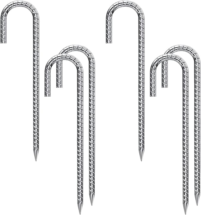 Rebar Stakes 12 Inch 6 Pack Tent Stakes Heavy Duty Metal J Hook, for Trampoline, Fence, Camping Tent (6, J-12 x5/16 Silver)