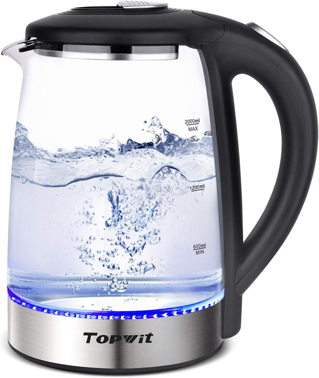 TOPWIT Electric Kettle Glass Hot Water Kettle, 2.0L Water Warmer, BPA-Free Stainless Steel Lid & Bottom, Tea Kettle with Fast Heating, Auto Shut-Off & Boil Dry Protection