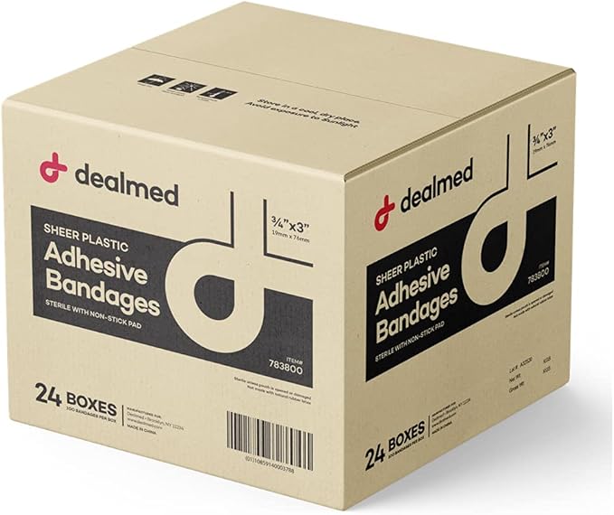 Dealmed Sheer Plastic Flexible Adhesive Bandages – 100 Count (24 Pack) Bandages with Non-Stick Pad, Latex Free, Wound Care for First Aid Kit, 3" x 3/4"
