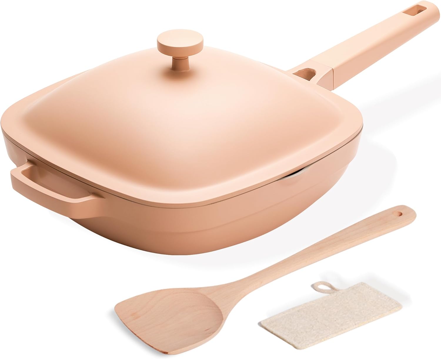 10.5 Inch(3.8QT) Deep Frying Pan,Non Stick Frying Pans Cast Aluminum,Ti-Ceramic Non Toxic Pix Pan with Lid,Natural Wooden Spatula and Loofah Scrubber-Desert Clay