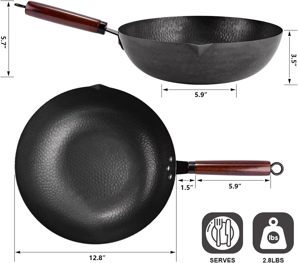 12.8" Carbon Steel Wok-11Pcs Woks & Stir Fry Pans Wok Pan with Lid, No Chemical Coated Chinese Woks with 10 Cookware Accessories, Flat Bottom Wok for Electric, Induction,Gas Stoves