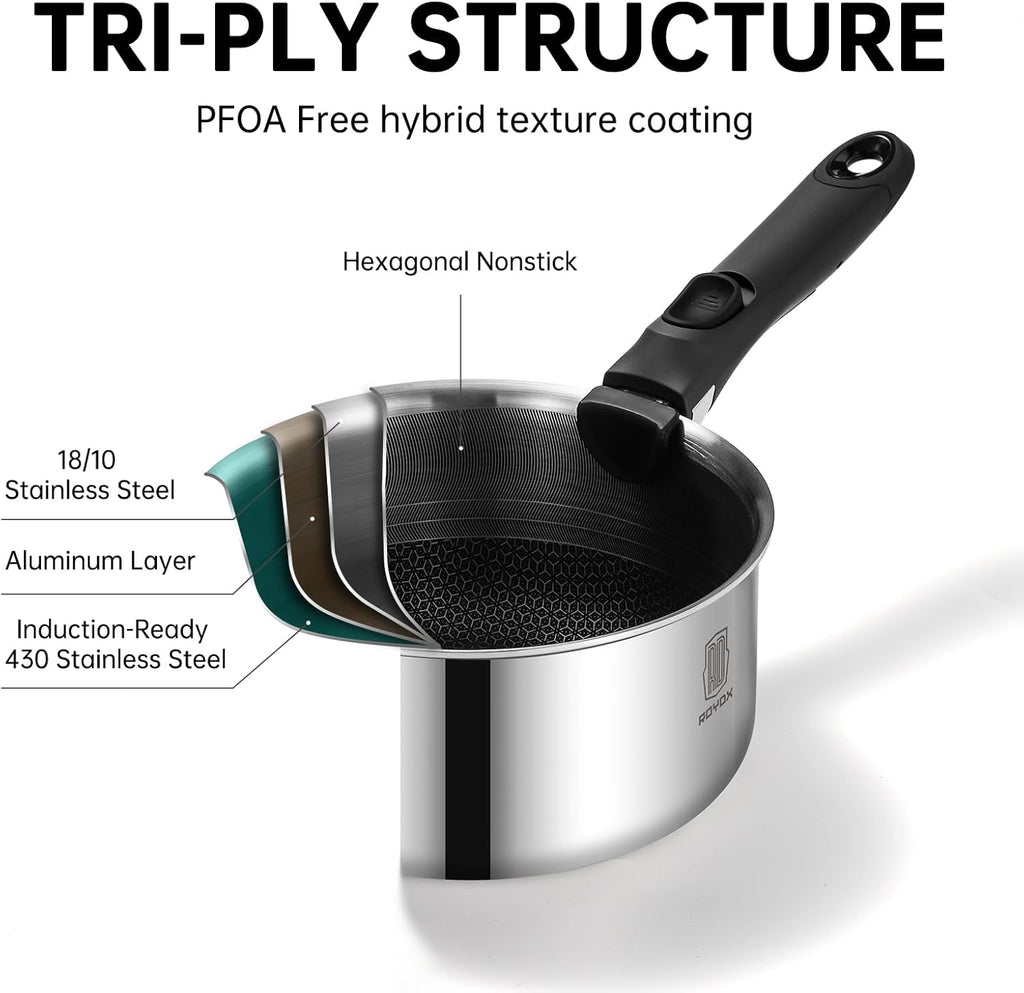 ROYDX New Model Hybrid Nonstick Cookware Set 19-Piece Stainless Steel Pots and Pans Set with Removable Handles, Save Space,Dishwasher and Oven Safe, Induction Ready, Compatible with All Cooktops