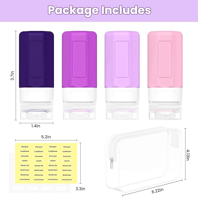 2 oz Travel Bottles, Small Travel Size Containers, TSA Approved Silicone Travel Toiletries Bottles, Shampoo and Conditioner Travel Kit for Women (Purple)