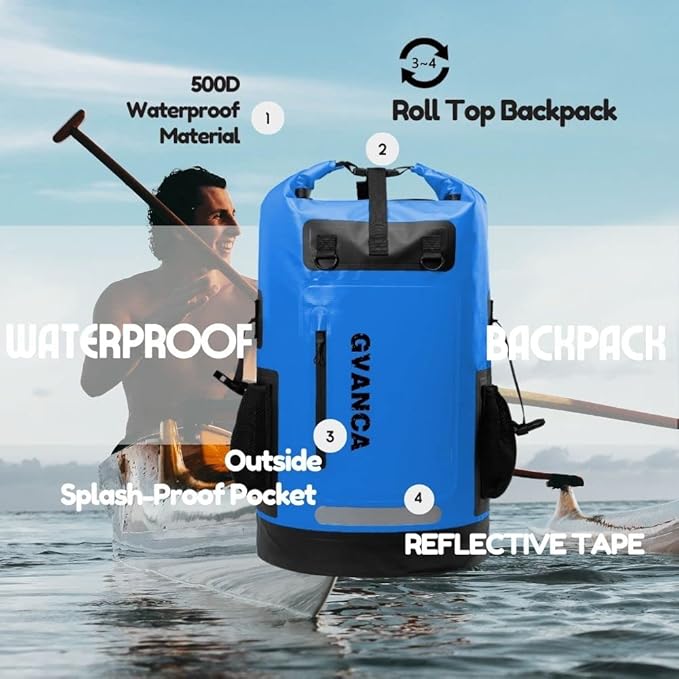 Waterproof Roll Top Kayak Backpack, Floating Outdoor Dry Sack Boating Sailing Canoeing Rafting Fishing Camping 35L Blue