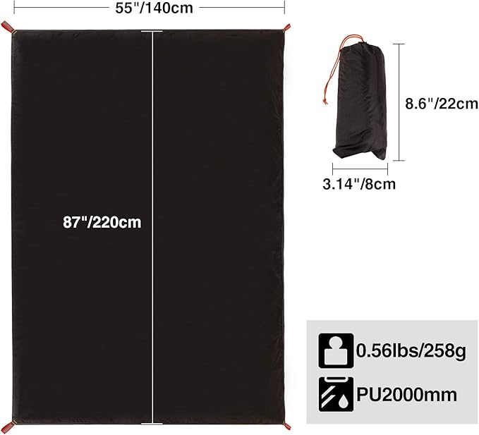 REDCAMP Ultralight Tent Footprint, PU 2000 Waterproof Camping Tent Tarp with Drawstring Carrying Bag for Ground Camping Hiking (55"x87" UL Black)