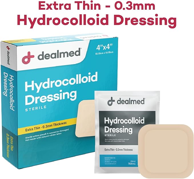 Dealmed Hydrocolloid Dressings Extra Thin 4” x 4” Bandages Wound Care Products for First Aid Kits, Individually Packed (10/Box)