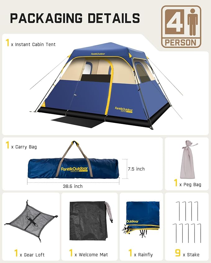FanttikOutdoor Camping Tent 4/6/8/10 Person Instant Cabin Tent Setup in 60 Seconds with Rainfly & Windproof Portable with Carry Bag for Family Camping & Hiking, Upgraded Ventilation