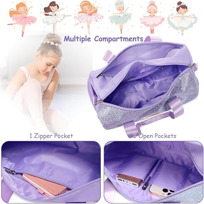 Ballet Dance Bag for Girls Shiny Rainbow Glitter Sports Duffle Bags for Girls Ballerina Duffle with Waterproof Dry Wet Separated Compartment