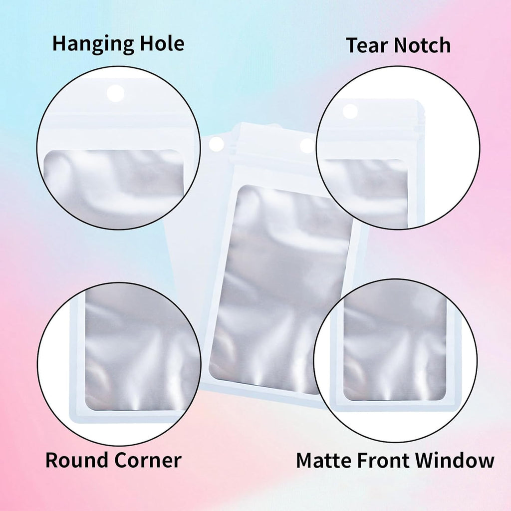 200 Pack Resealable Mylar Holographic Bags Food Storage Smell Proof Bags with Front Window Foil Packaging Pouch for Candy Sample Jewelry Small Business 2.95×4.72 Inch, White