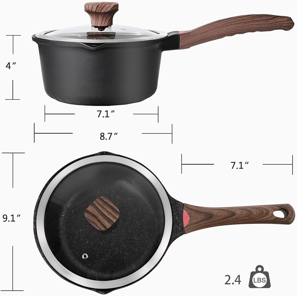 VINCHEF Nonstick Saucepan with Lid, 3QT Sauce Pan with Stay Cool Handle, Non Stick Small Cooking Pots Induction pot, Dishwasher Safe, Compatible for All Stove Top, PFAS and PFOA Free Black