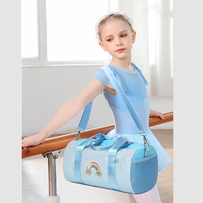 Dance Bag for Girls Rainbow Ballet Bag Shiny Glitter Ballerina Duffle Bag for Girls Crossbody Gym Duffle Bag with Waterproof Wet Pocket