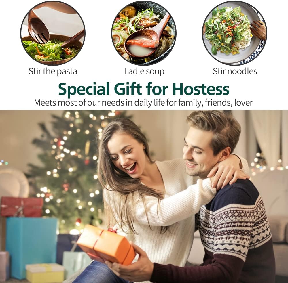 Salad Servers, Wood Salad Tongs, 10.2in Salad Spoon and Fork Set, Long Handle Salad Server Set for Mixing, Tossing and Cooking (Salad Spoon and Fork Set)