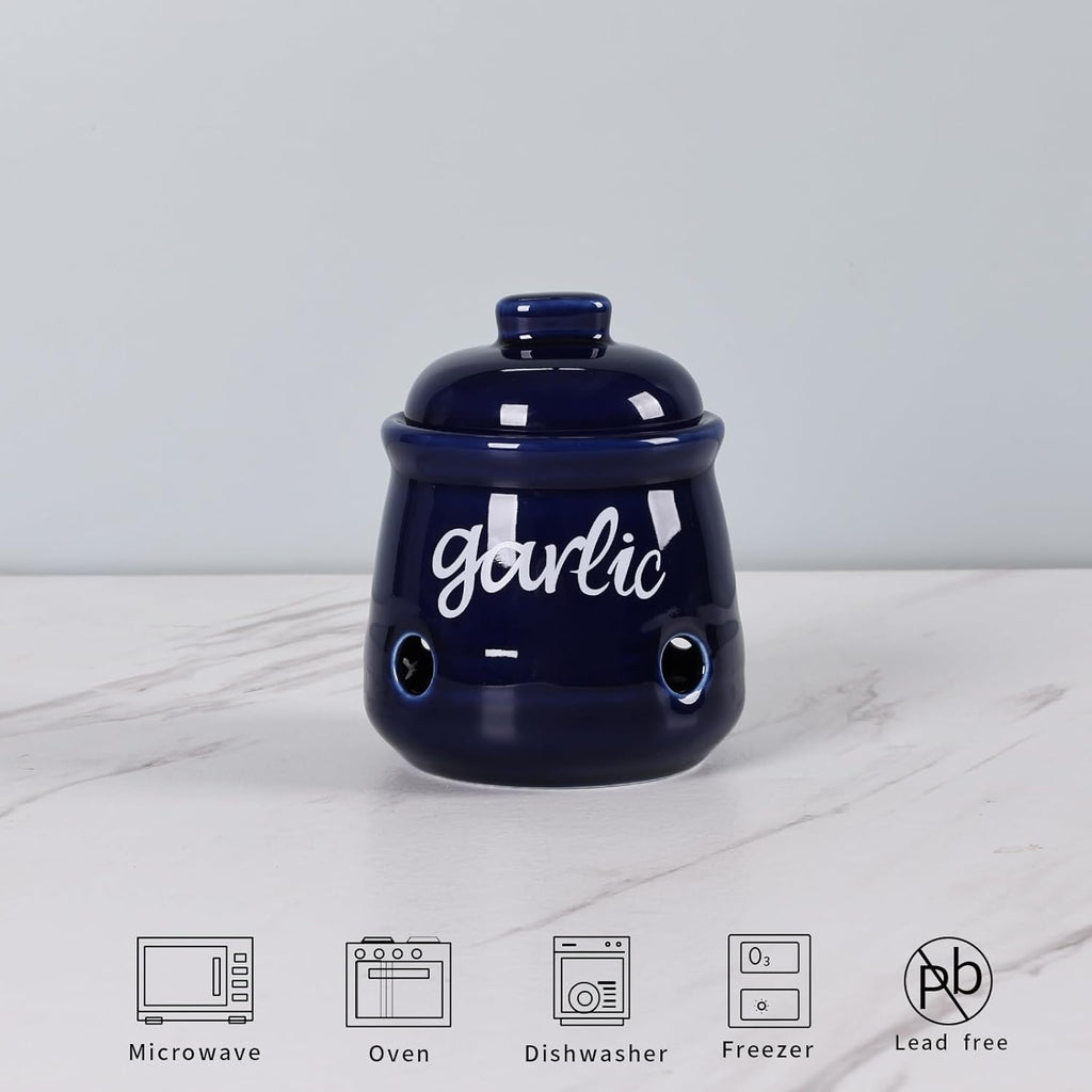 HAOTOP Garlic Keeper with Lid, Ceramic Mini Garlic Saver Container for Countertop, Farmhouse Kitchen Decor (Navy)