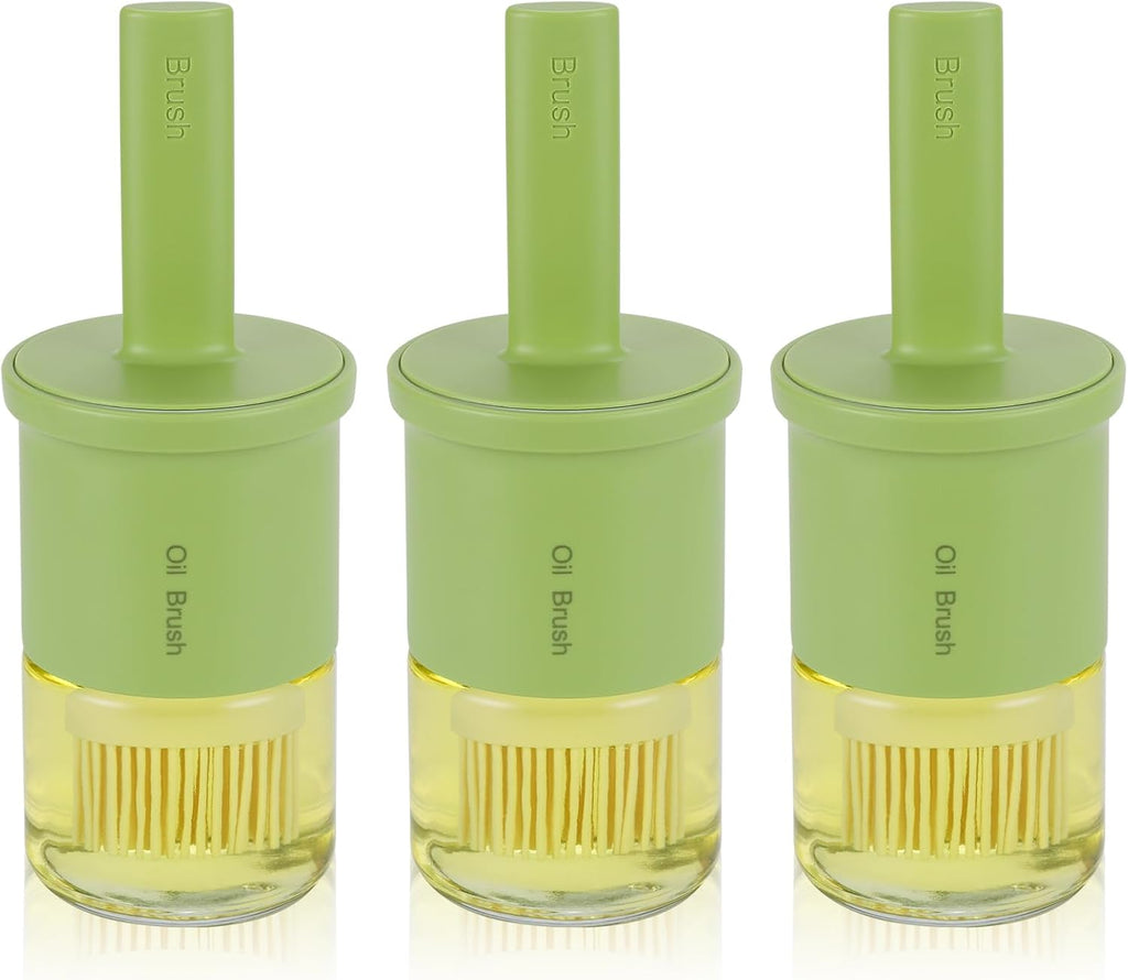 3 Pack Glass Oil Dispenser With Brush - 300ml/10oz Kitchen Cooking Bottle for Oil, BBQ Sauce, Vinegar - Green Basting Bottle With Silicone Brush