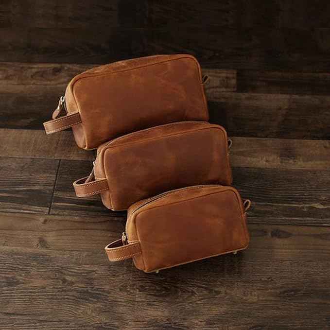 Toiletry Bag for Men or Women, Full Grain Leather Handcrafted Dopp Kit, Vintage Travel Leather Toiletry Travel Pouch, Large Cosmetic Bathroom Travel Shaving Bag, Fully Lined with Cotton Fabric