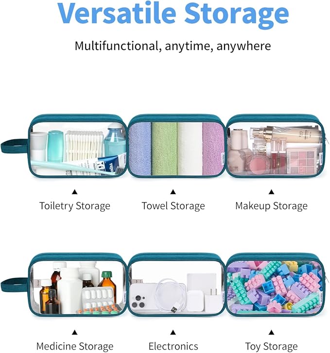 Narwey Clear Travel Toiletry Bags for Traveling Toiletries Men Women, Clear Makeup Bag Cosmetic Bag with Zipper, Make Up Pouch Organizer Bags with Handle, Skincare Bag (Teal)